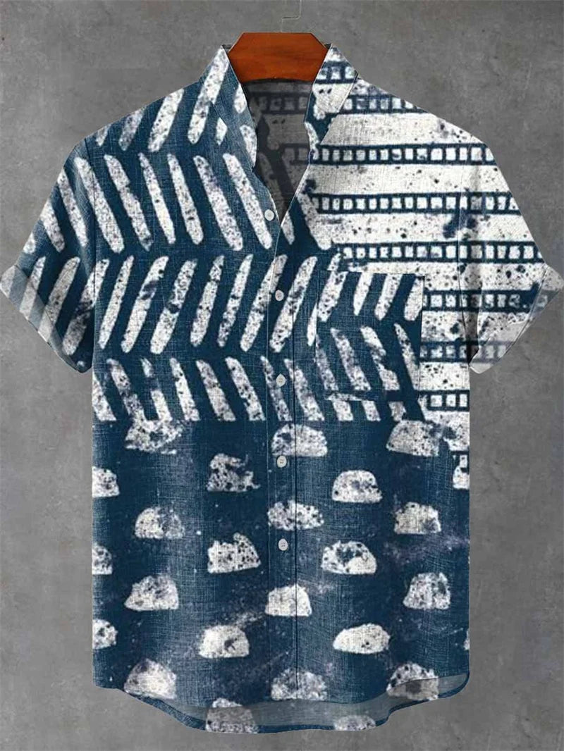 Men's Short Sleeve Shirt Vintage Ethnic Style Sunlight and Tree Illustration Art Snake Print Casual Linen Shirt
