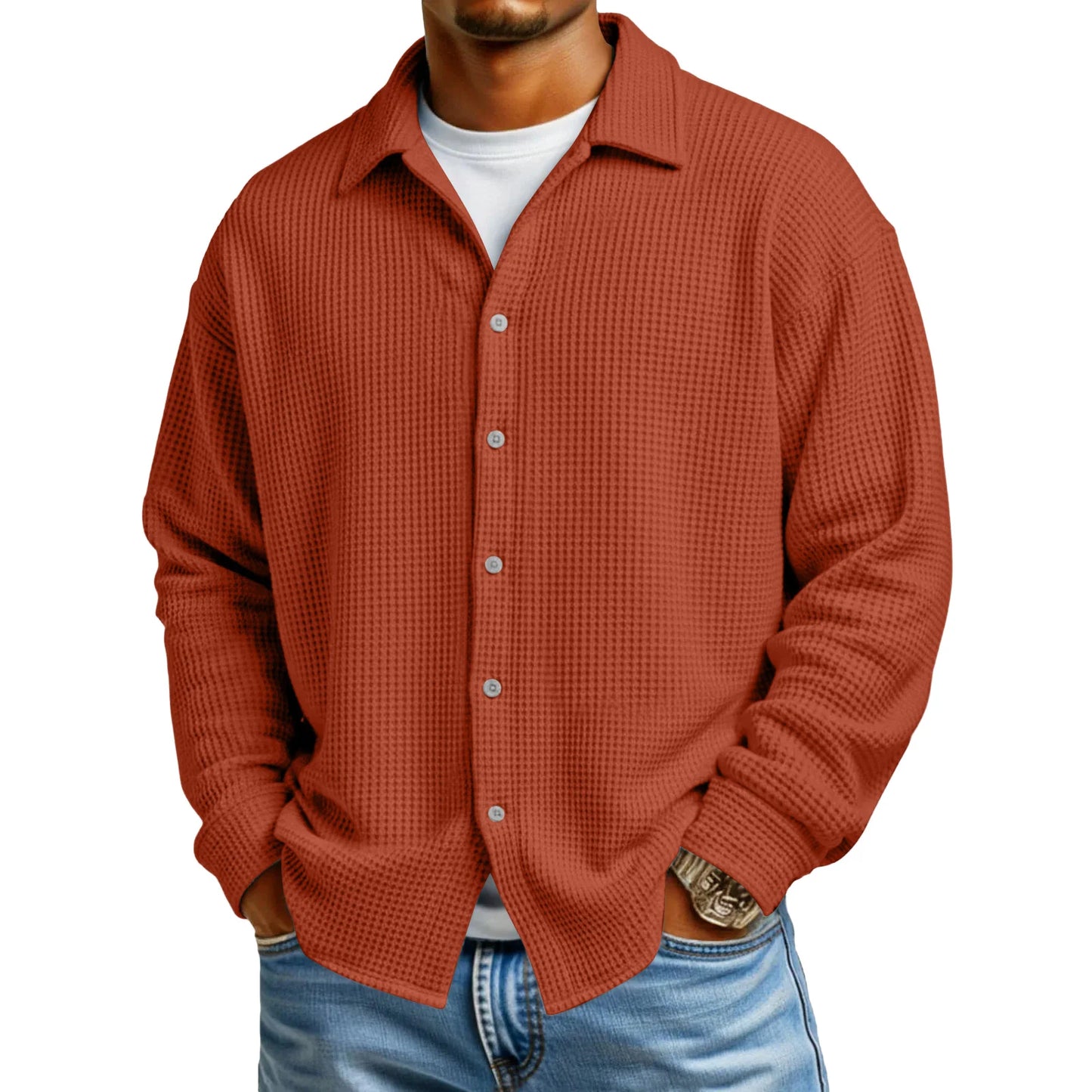 Men Casual Button Down Shirt Long Sleeve Collar Shirt Waffle Texture Loose Fit Fashion Men Top Trendy Outfit Daily Wear