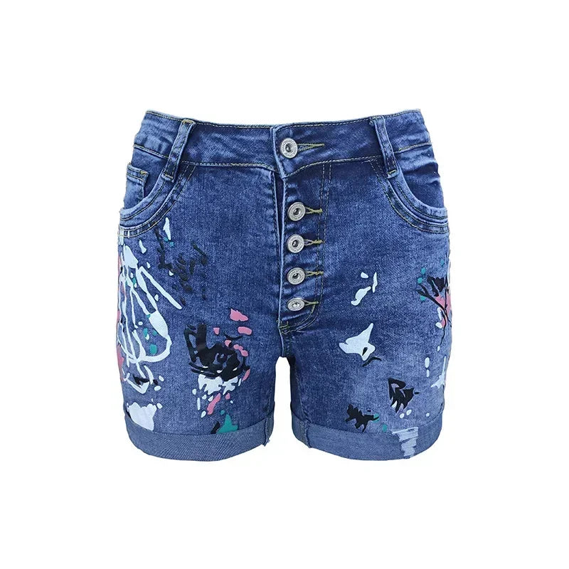 Women Denim Shorts Summer Elastic Single-breasted Print Casual Lady New Fashion Street Sweet Skinny Jeans Pants