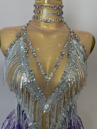 Stock 2025 Women Sexy Stretch Mesh Sparkly Rhinestone Tassels Mini Dress Nightclub Singer Dance Stage Costume Evening Gowns