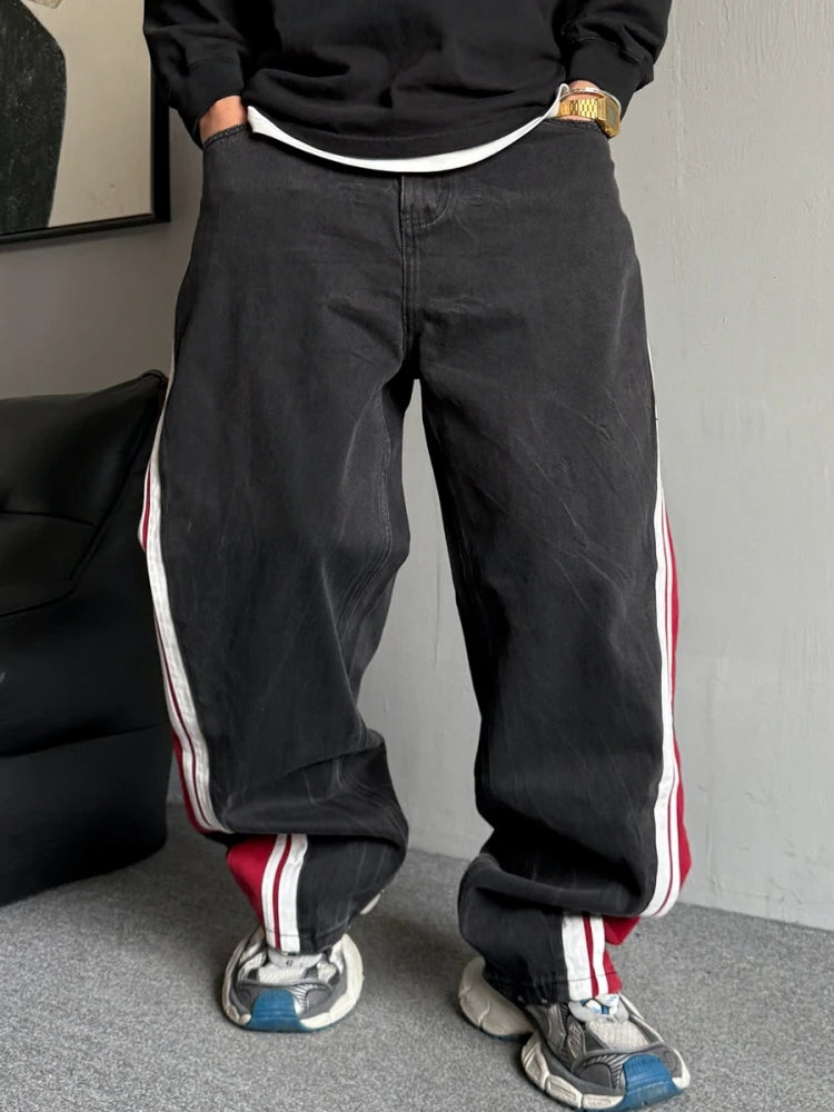 Korean Popular Clothes Hip Hop Baggy Jeans For Men Trendy Patchwork Black Jeans Streetwear Skateboard Striped Pants Trousers