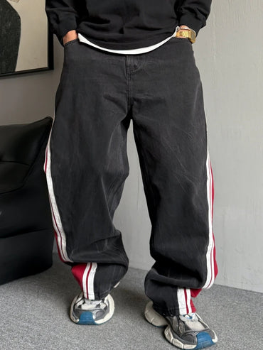 Korean Popular Clothes Hip Hop Baggy Jeans For Men Trendy Patchwork Black Jeans Streetwear Skateboard Striped Pants Trousers