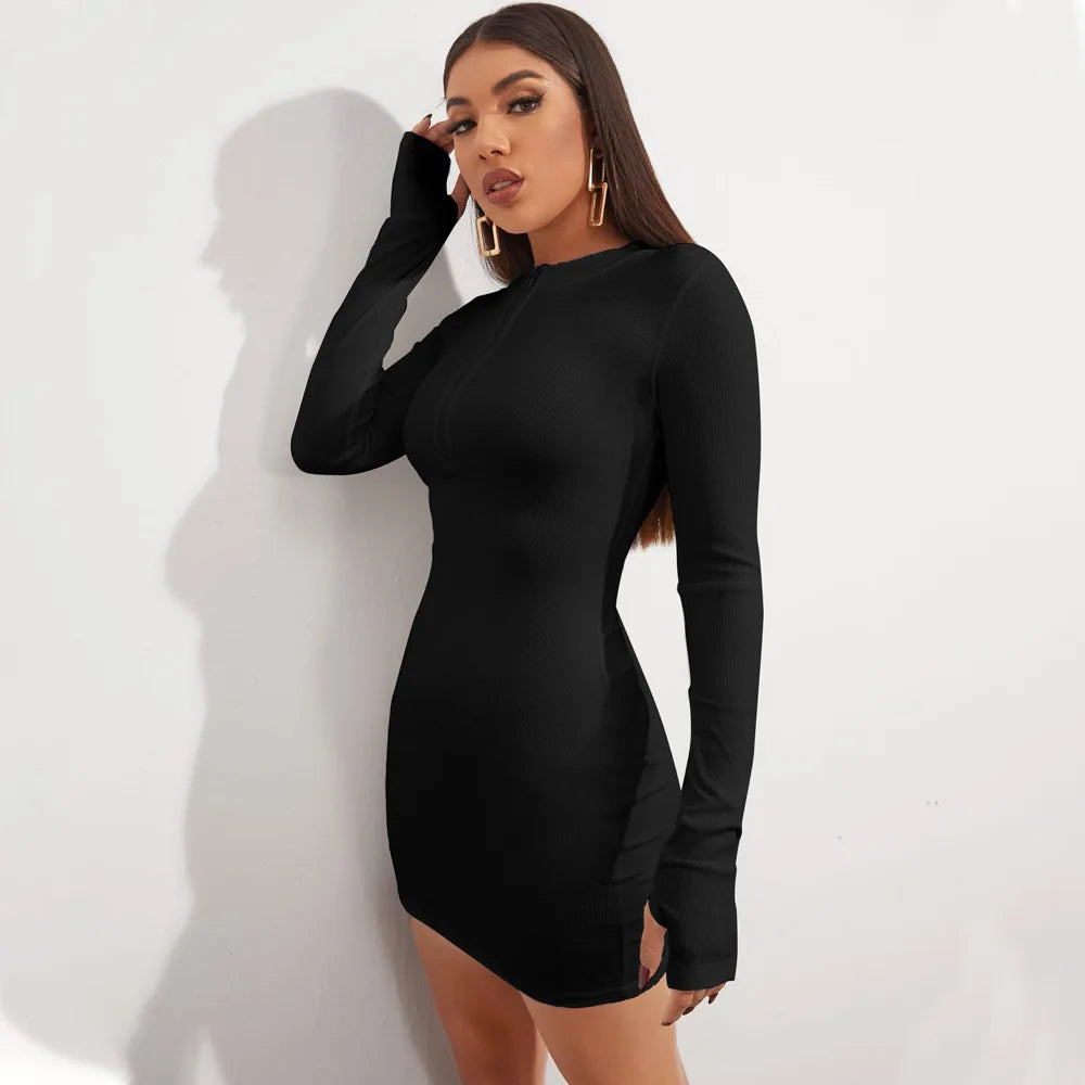 Women's Casual Sexy Zipper Package hip Mini Dress Fashion Deep V-Neck Autumn And Winter Stretch Skinny Party Long Sleeve Dress