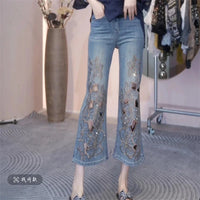 Heavy Industry Hollow Out Embroidered Jeans For Women 2025 New Summer Fashion Slim Ankle-Length Denim Pants Eight Points Jeans