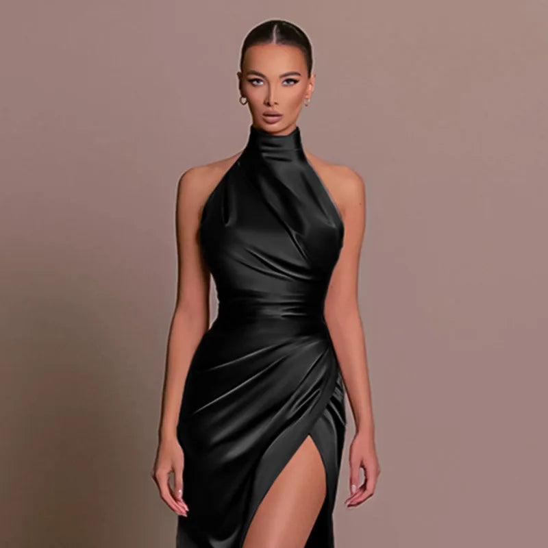 Fashion Satin Backless Midi Dress Sexy Silk Straps Solid Lace Up Side Split Female Long Dresses Chic Party Vacation Outfits