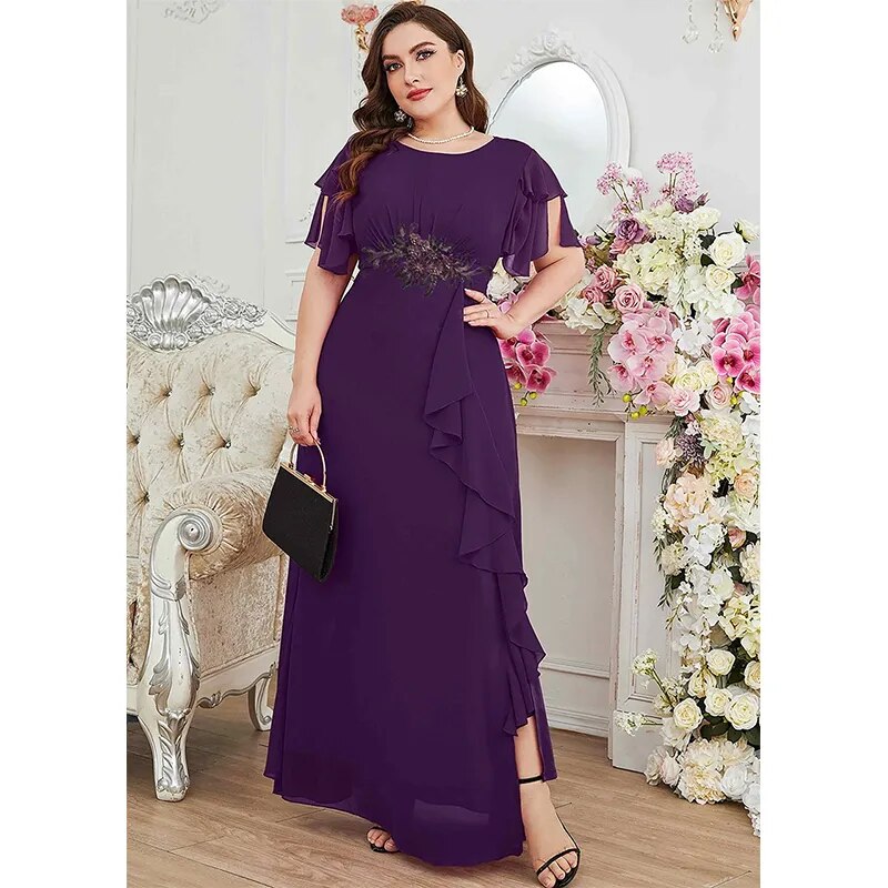 Plus Size Summer Purple Red Chiffon Dress Luxury Wedding Ruffle Applique Plus Size Crew Neck Mixi Dress For Women