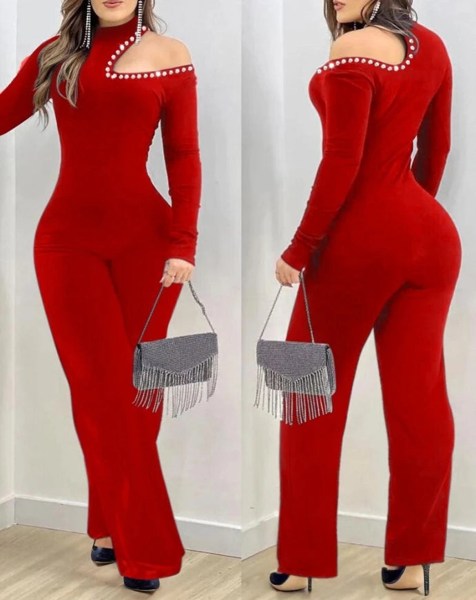 Elegant Women's Jumpsuit Basic Sexy Hollow Out Rhinestone Cold Shoulder High Neck Jumpsuit Long Sleeve Slim Fit Flared Jumpsuit