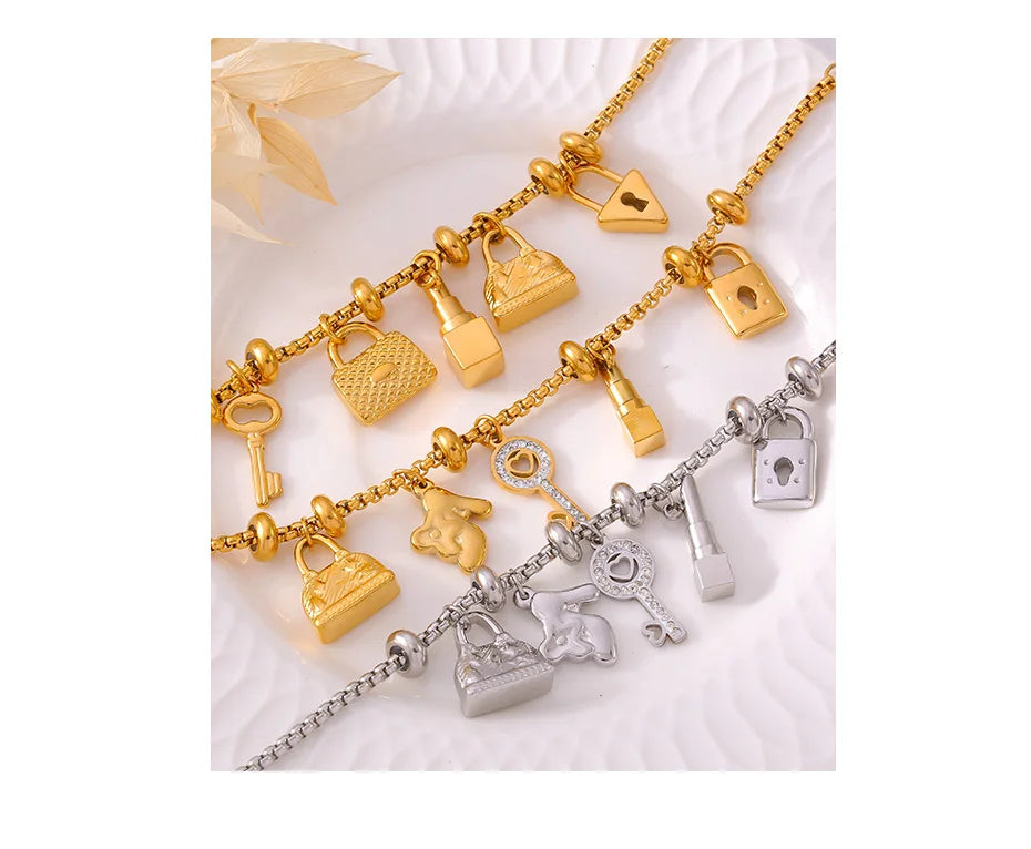 316L Stainless Steel Charm Bracelet For Women 18K Gold Plated Waterproof No Tarnish Women's Multiple Different Pendant Bracelets