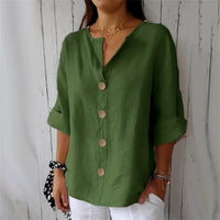 Summer Loose Shirt Women's V-Neck Cotton Linen Button Top Casual Shirts Solid Fashion Elegant Office Womens Clothing 2025 Blouse