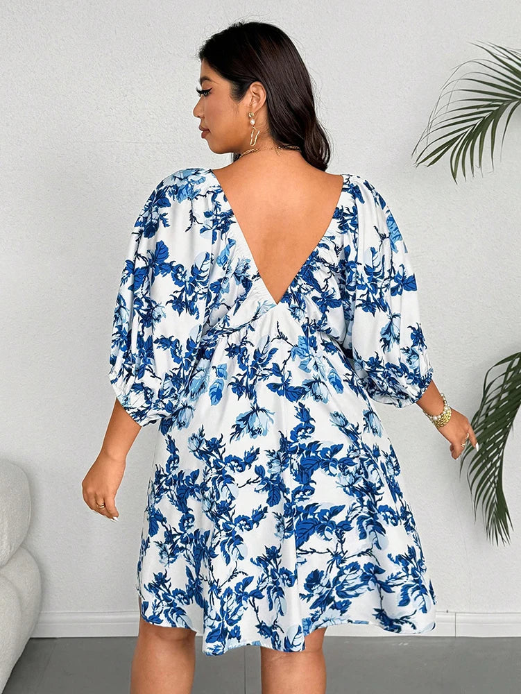 plus Size V-Neck Romantic Floral Print Vacation Dress Women's Casual Elegant Maxi Dress for Summer