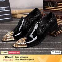 Italian Style Gentleman Dress Shoes Men black Metal Pointed Toe Snake Grain Genuine Leather Shoes Business Party Shoes Men Flat