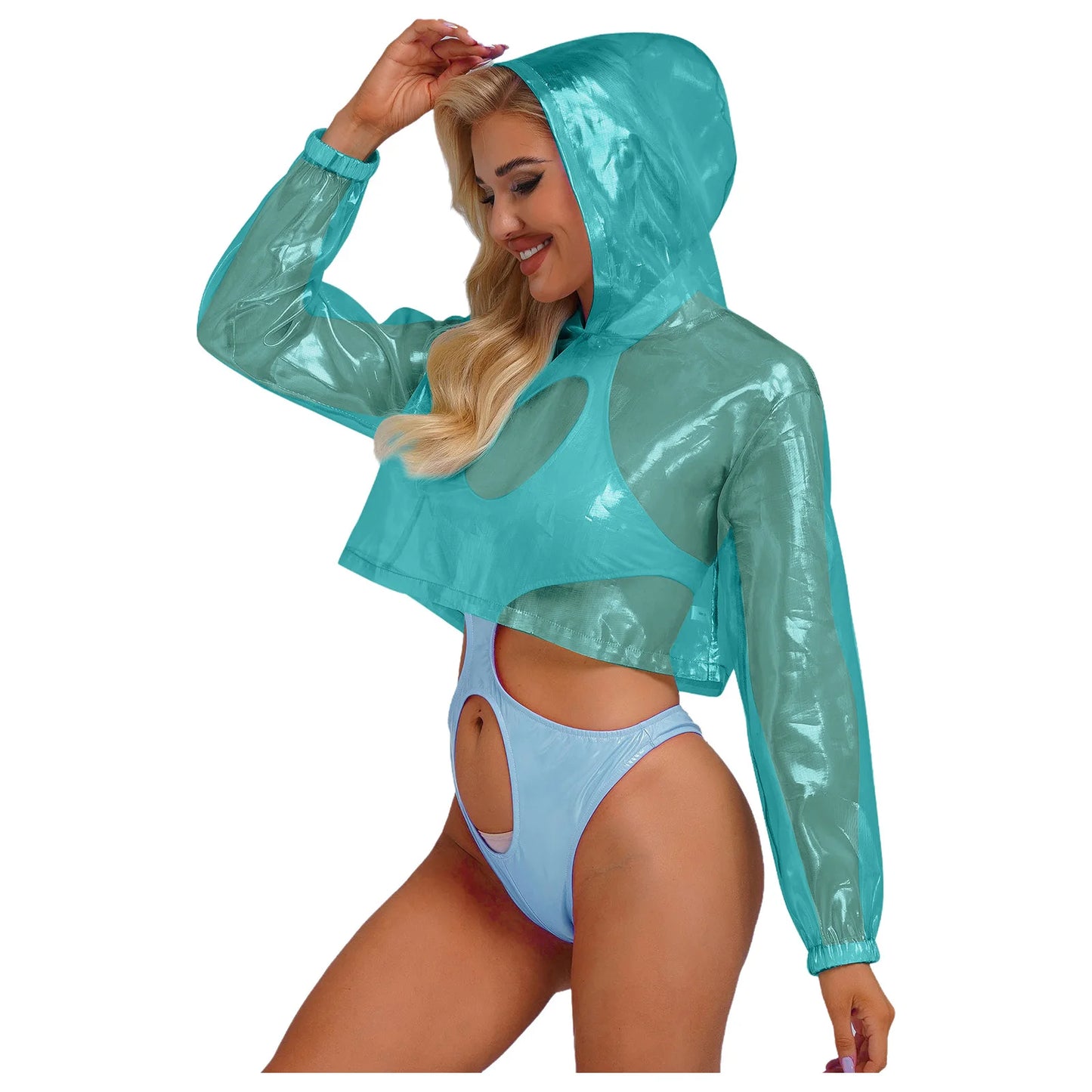 Womens Sparkly Transparent Hooded Top Holographic Long Sleeve Cropped Tee Shirts Festival Rave Outfits Pullover Hoodie Clubwear
