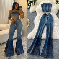 Denim Pant Set Women Two Piece Sets Sexy Matching Sets Sleeveless Short Tops Long Flare Pants High Waist Slim Hot Diamond