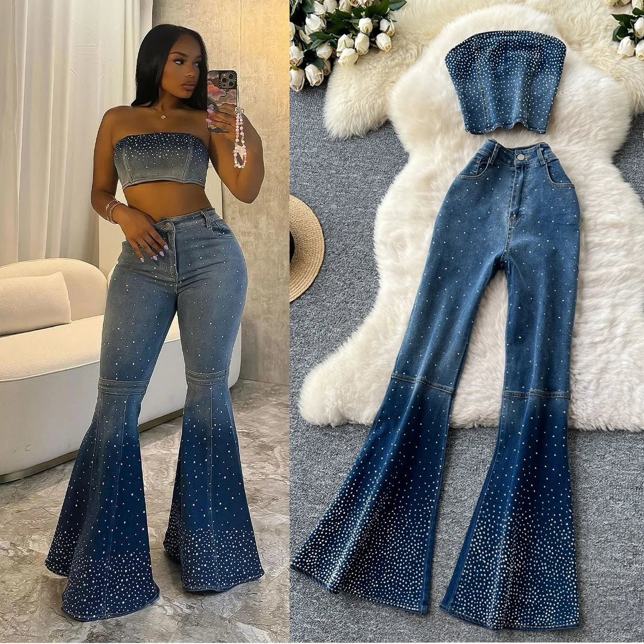 Denim Pant Set Women Two Piece Sets Sexy Matching Sets Sleeveless Short Tops Long Flare Pants High Waist Slim Hot Diamond