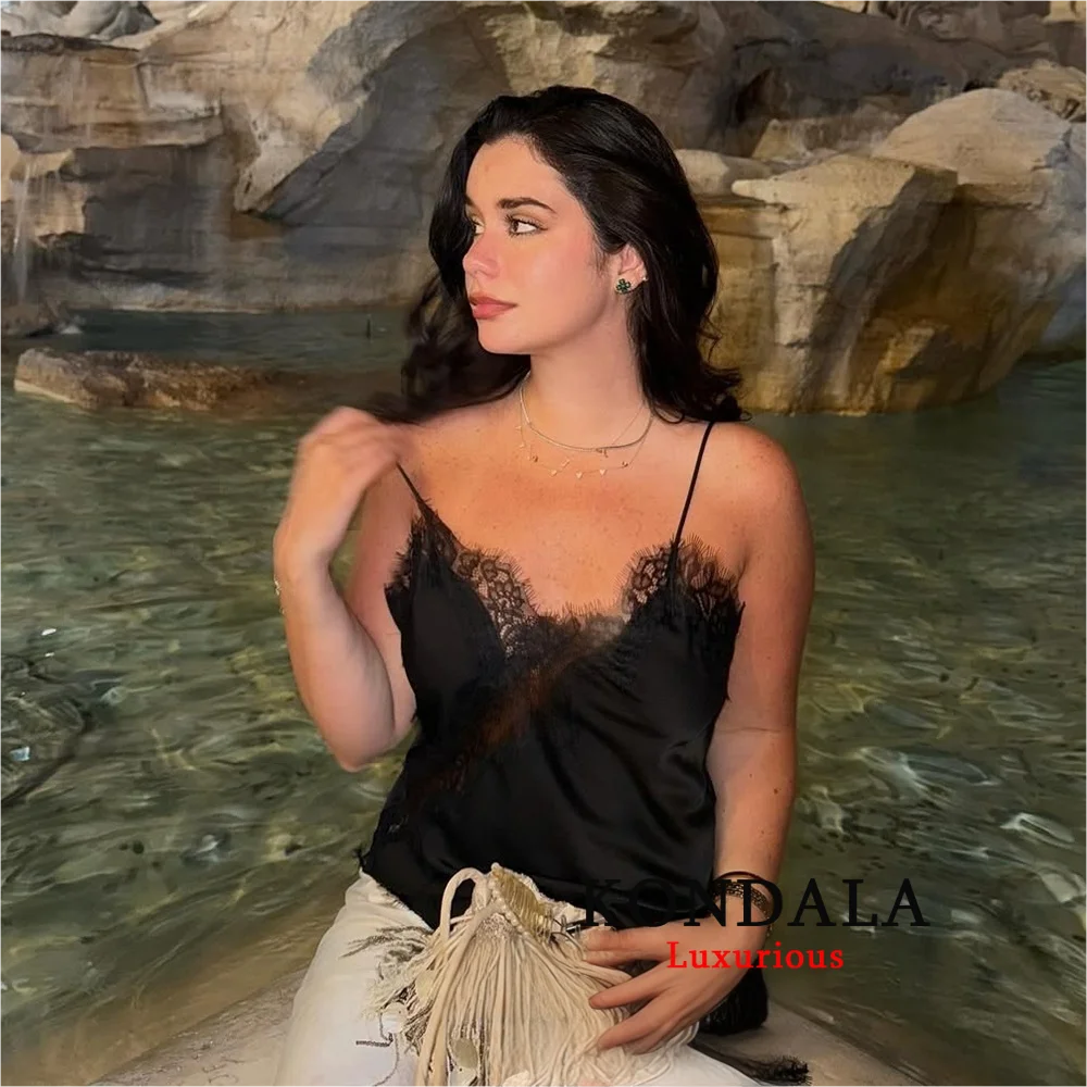 KONDALA Sexy Chic Black Lace Cami Tops Women V Neck Patchwork Sleeveless Y2K Girl Top Fashion 2025 Summer Fall Holiday Beach Top