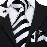 Barry.Wang Black White Gray Silver Men Tie Handkerchief Cufflinks Set Jacquard Necktie for Male Wedding Business Party Gift