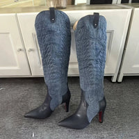 Slip On Winter Long Booties Sexy Pointed Toe Flannel Boats Embroidered Leather Knee-High Boots Women High Heels Designer Style