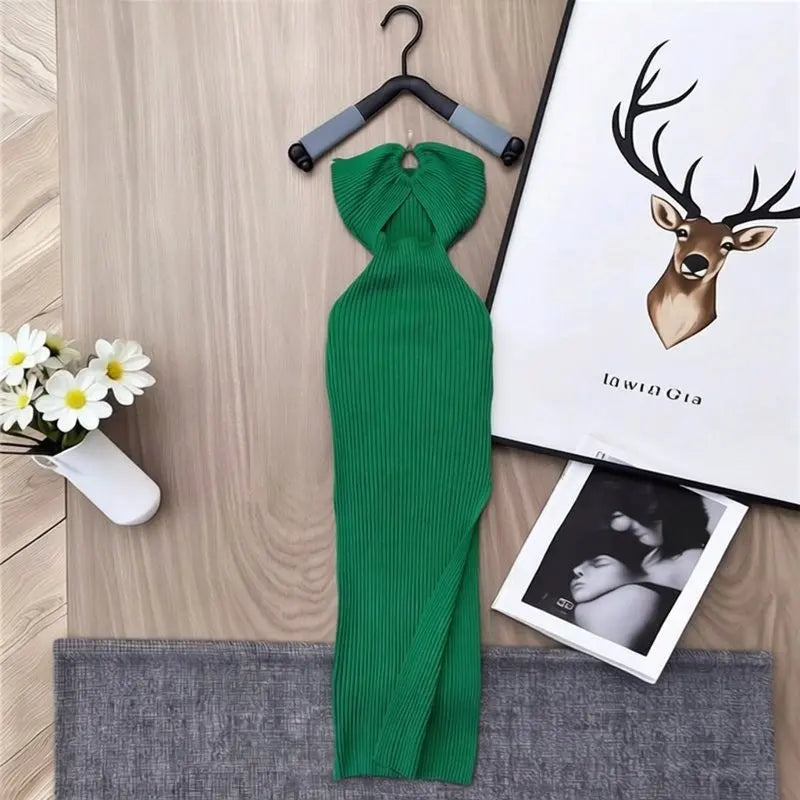 YuooMuoo Ins Hot Hollow Out Sexy Wrap Hips Split Knitted Long Dress 2026 New Y2K Halter Bodcyon Summer Dress Lady Party Vestidos
