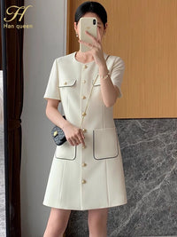 H Han Queen Summer Simple Series Patchwork Pocket A-Line Dress Elegant Fashion Single-Breasted Women Vestido Casual Party Dresse