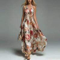 2026 New Arrival Women V Neck Halter Sleeveless Print Casual Dress