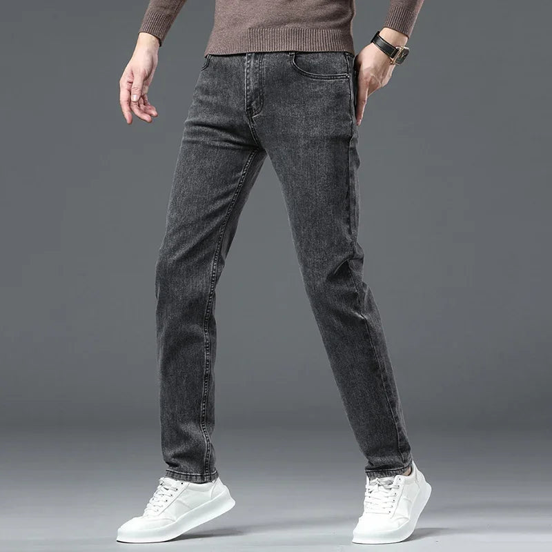 Men Casual Stretch Jeans Male 2025 New Fashion Classic Business Straight Leg Smoke Gray Work Denim Trousers Brand Clothing