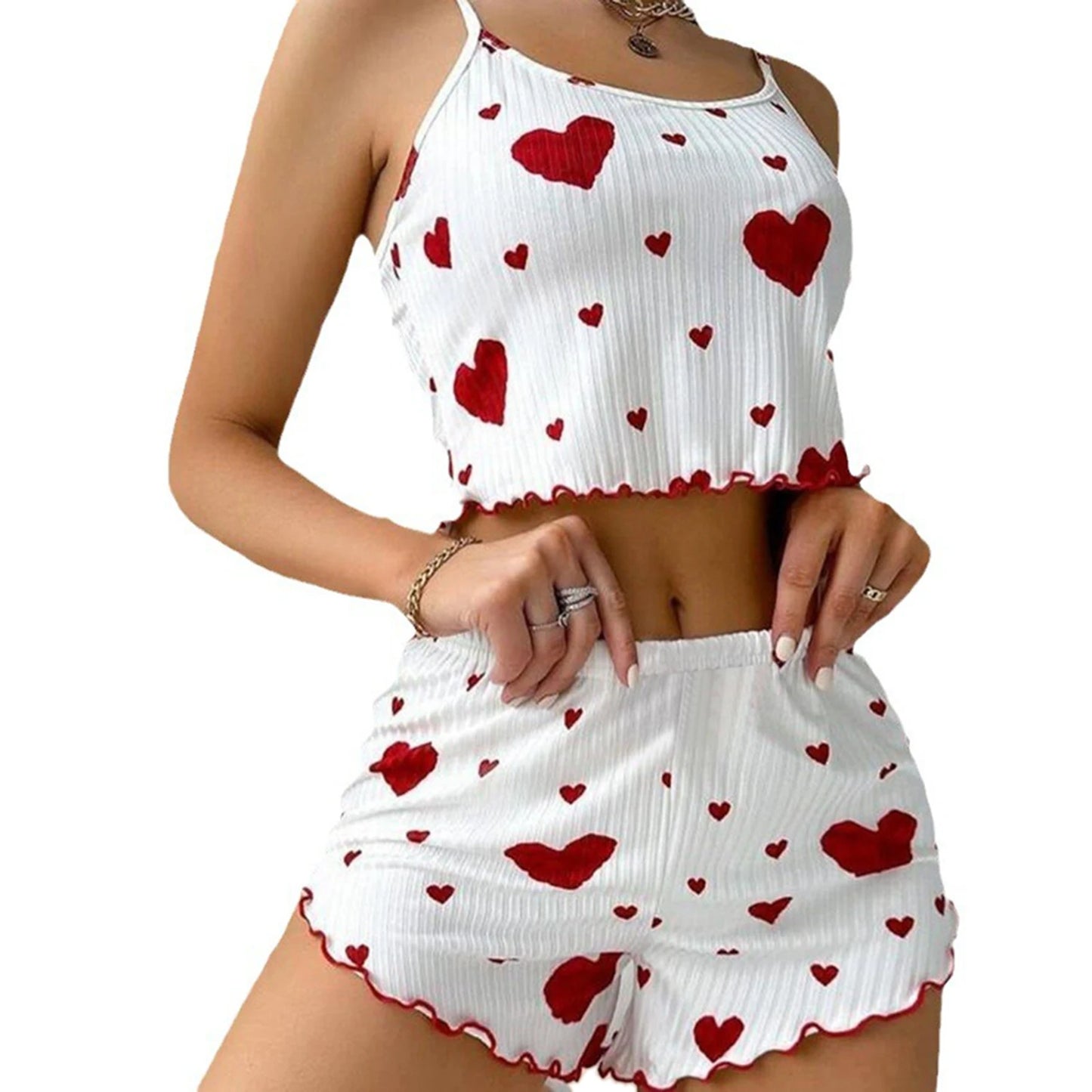Women's Pajamas Set Summer 2PCS Sling Vest with Shorts 2026 Newly Love Heart Print Spaghetti Strap Camisole Sleepwear for Girls