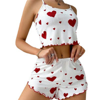 Women's Pajamas Set Summer 2PCS Sling Vest with Shorts 2026 Newly Love Heart Print Spaghetti Strap Camisole Sleepwear for Girls