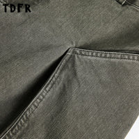 Spliced Faded Jeans Mens Retro Casual Washed Distressed Baggy Wide Leg Banana Denim Pants Man