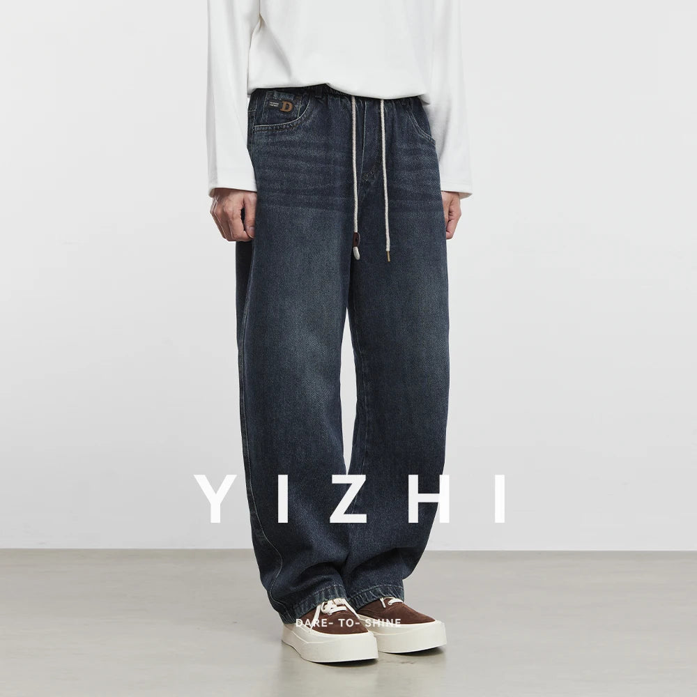 Fashion Men's Straight Jeans 2025 Autumn New Elastic Waist Retro Distressed Washed Jeans Men's Straight Casual Pants