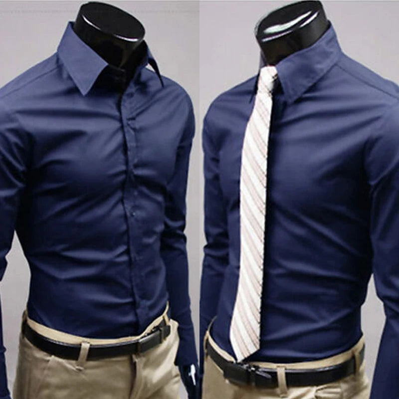 Men\'s Long Sleeve Button Up Shirts Solid Slim Fit Casual Business Formal Dress Shirt Suit for Wedding