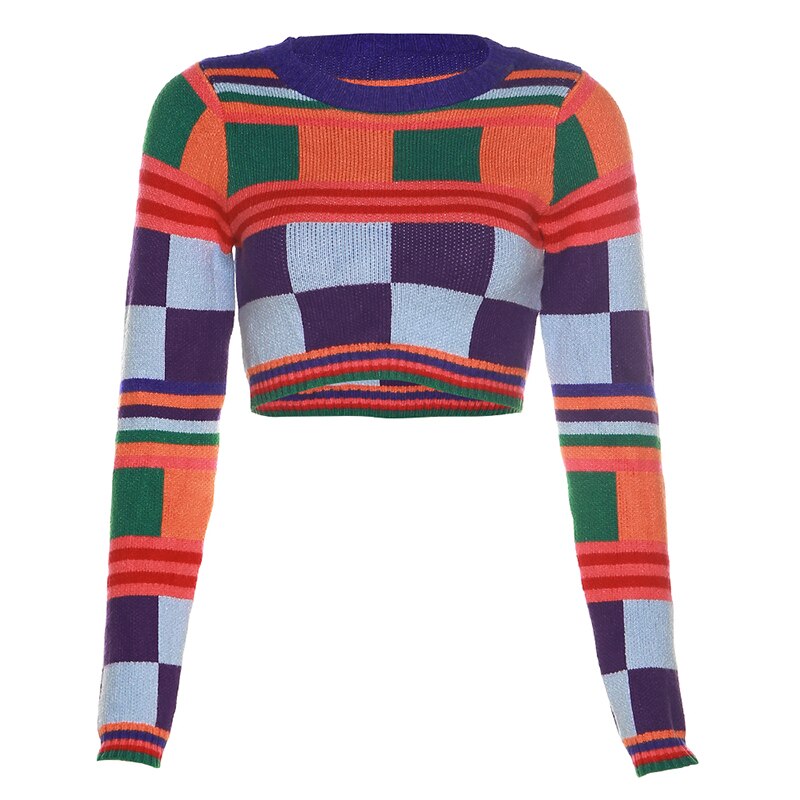 JusaHy Women Autumn New Strip Colorful Printed Wool Knitting Two Pieces Sets Crew Neck Long Sleeve Short Sweater&Straight Pants