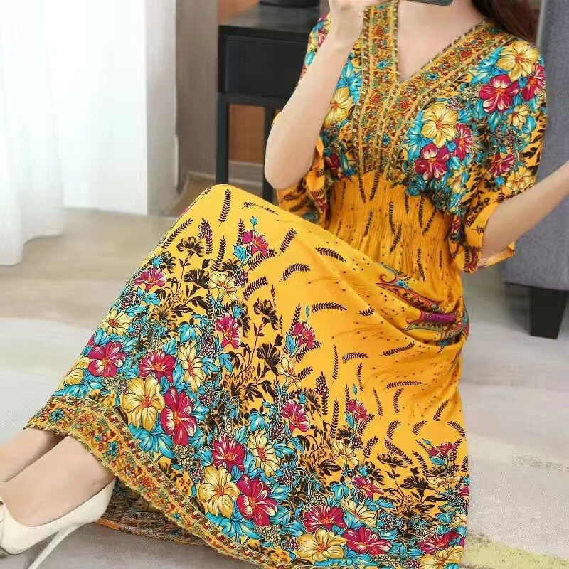 Summer Poplin Dresses Women Round Neck Puff Short Sleeve A Line Print Dresses Ethnic Style Tight High Waist Long Dress 2023