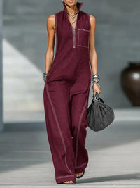 Elegant High Street Linen Cotton Jumpsuit Casual Sleeveless Stand Collar Pockets Loose Party Playsuits Fashion Solid Romper