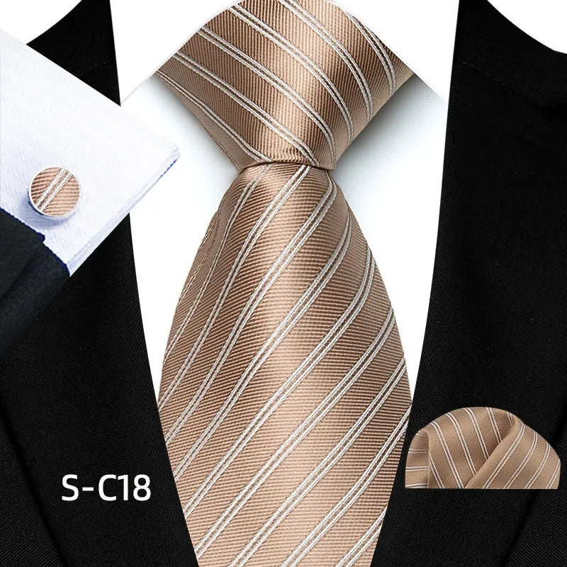 Business Mens Tie Luxury Striped 8cm NeckTie Pocket Square Cufflinks Set For Men Formal Fashion Wedding High Quality Gravata