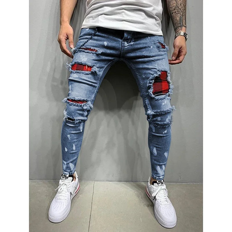2023 Fashion Street Style Ripped Skinny Jeans Men Vintage wash Solid Denim Trouser Mens Casual Slim fit Black Blue denim Pants
