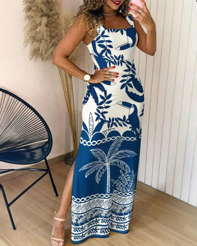 Boho Womens Summer Dress Retro Print Casual Slim Slit Square Neck Sleeveless Strappy Elegant  Tank Dresses For Women Robe