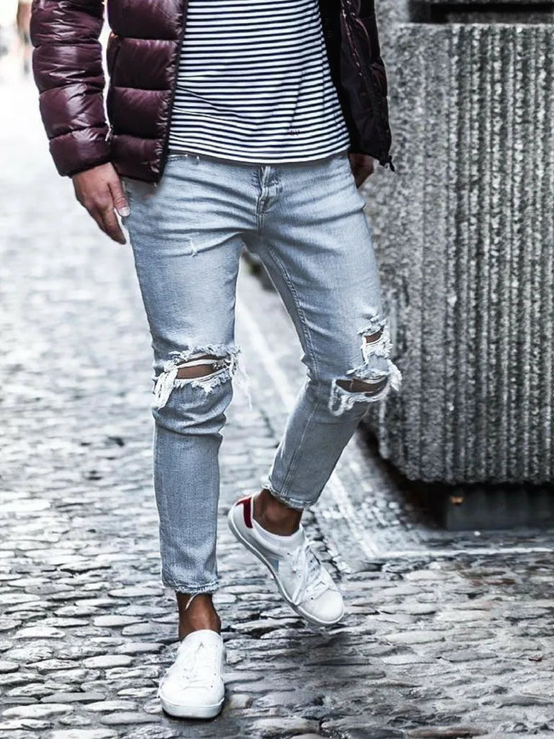 New Skinny Jeans men Streetwear Destroyed Ripped Jeans Homme Hip Hop Broken modis male Pencil Biker Embroidery Patch Pants