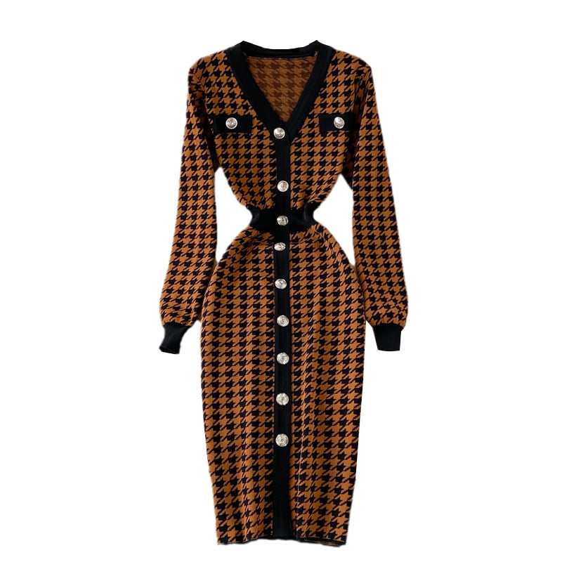 Sexy Elegant Temperament V-neck Hit Color Dress Office Lady Single-breasted Houndstooth Dress