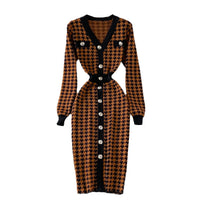 Sexy Elegant Temperament V-neck Hit Color Dress Office Lady Single-breasted Houndstooth Dress