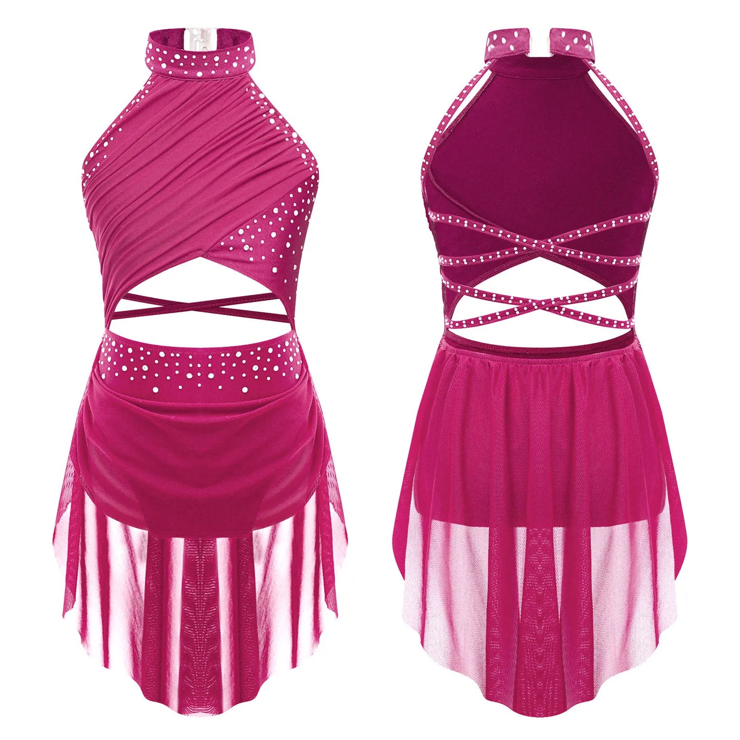 Kids Girls Sleeveless Fringed Bodysuit Moden Latin Jazz Dance Leotard Dress Rhinestones Gymnastics Skating Performance Costumes