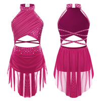 Kids Girls Sleeveless Fringed Bodysuit Moden Latin Jazz Dance Leotard Dress Rhinestones Gymnastics Skating Performance Costumes