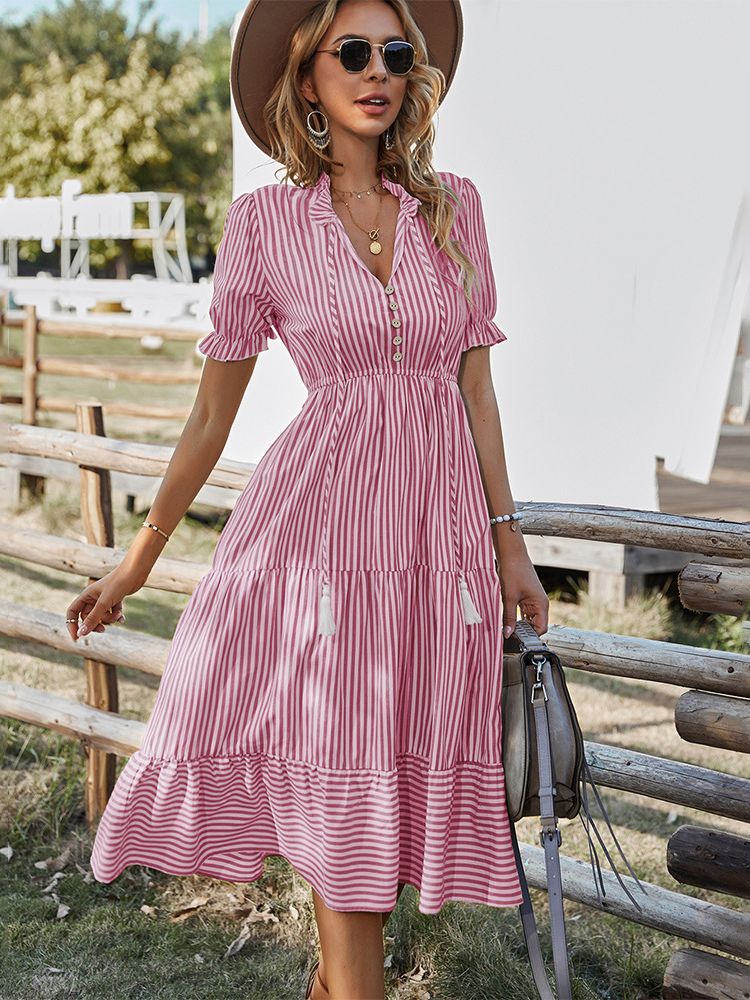 Women Elegant Striped Lantern Sleeve Summer Dress Causal V-neck Button Ruffles Midi Dress 2023 Women Beach Holiday Party Dress