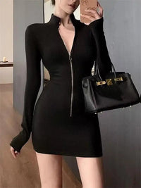 Long Sleeve Zipper Bodycon Dress Women Turtleneck Sexy Mini Dresses Autumn Black Skinny Stretchy Party Vestidos