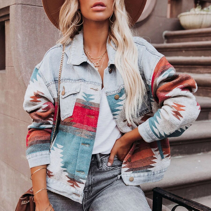 Retro Denim Jacket 2022 New Long Sleeved Lapel Loose Denim Stitching Woolen Jacket Female AZTEC Vintage Denim Stitching Coat