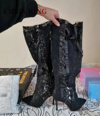Fashion Black Lace Over The Knee Boots Lace Up Gothic Thigh High Boots High Heels Long Bridal Boots Pointed White Wedding Boots