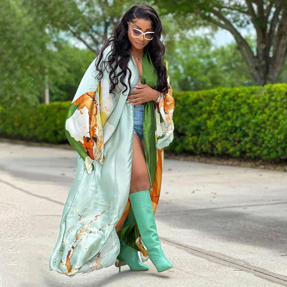 Casual Beach Cover Up Boho Dress Party Kaftan Kimonos Verano Sukienka Print Long Sleeve Cardigan Female Blouse Loose Dresses