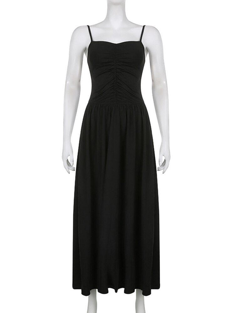 Sexy Spaghetti Strap Black Folds Corset Maxi Pleated Dress