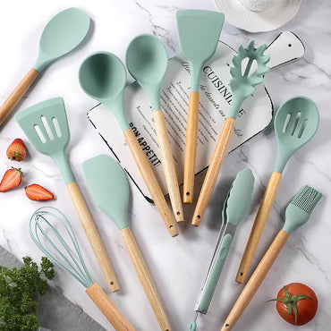 12PCS Silicone Kitchen Utensils Set Non-Stick Cookware for Kitchen Wooden Handle Spatula Egg Beaters Kitchenware Accessories Hot