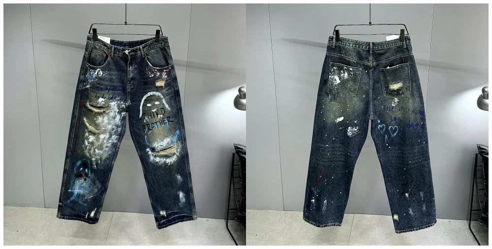 High End Men'S Clothing Hip Hop Graffiti Baggy Jeans For Men Streetwear Skateboard Ripped Jeans Korean Trendy Denim Trousers