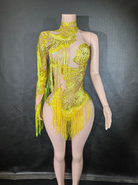 Sexy Skinny Leotard Singer Dancer Show StageWear Sparkly Blue Rhinestones Women DanceCostume Fringes One Shoulder Bodysuit  7G
